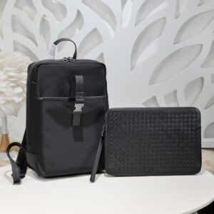 Bottega Veneta Business Commuter Backpack + Laptop Bag Set (Black Fabric/Leather)