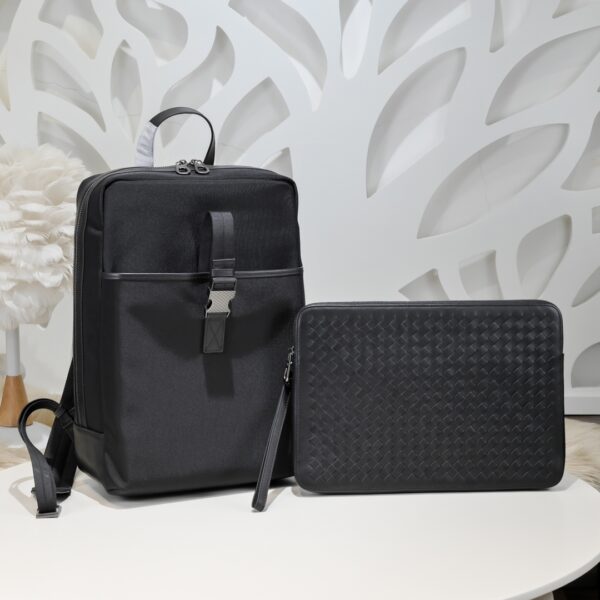 Bottega Veneta Business Commuter Backpack + Laptop Bag Set (Black Fabric/Leather)