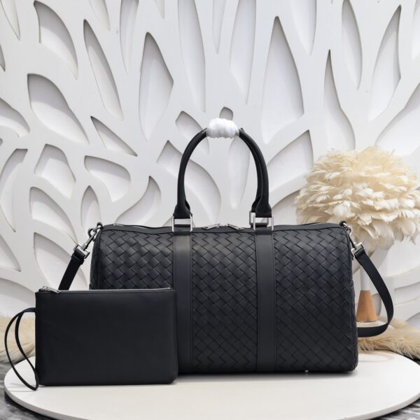 Bottega Veneta's classic Intrecciato woven men's travel bag set (black calfskin).