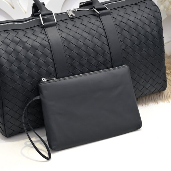 Bottega Veneta's classic Intrecciato woven men's travel bag set (black calfskin).